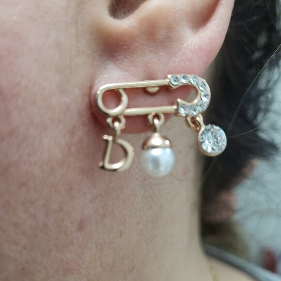 Gold Tone Safety Pin Stud Earrings with Crystal & Faux Pearl - Picture 4 of 11